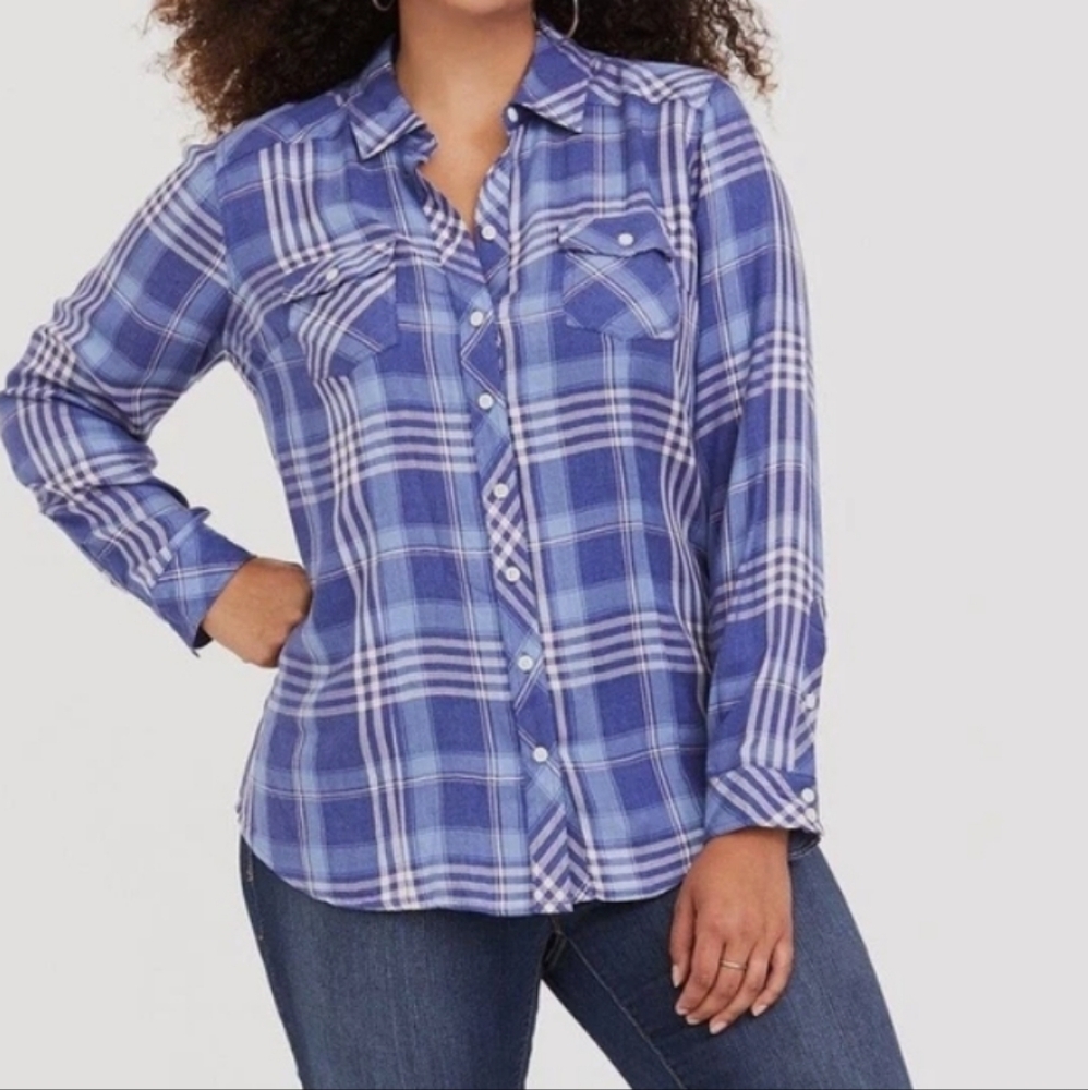 Torrid Blue and White Plaid Button Down Shirt - Picture 2 of 5
